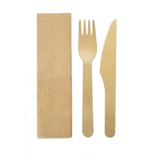 Ξύλινο κουβέρ φαγητού με Eco Kraft χαρτοπετσέτα σε Kraft φάκελο 100τμχ